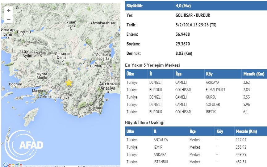 Возле Фетхие произошло землетрясение силой 4,0