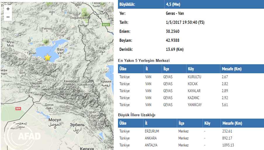 В Ване произошло землетрясение 4,5 баллов