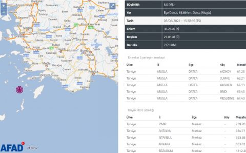 У берегов Муглы произошло 5-бальное землетрясение