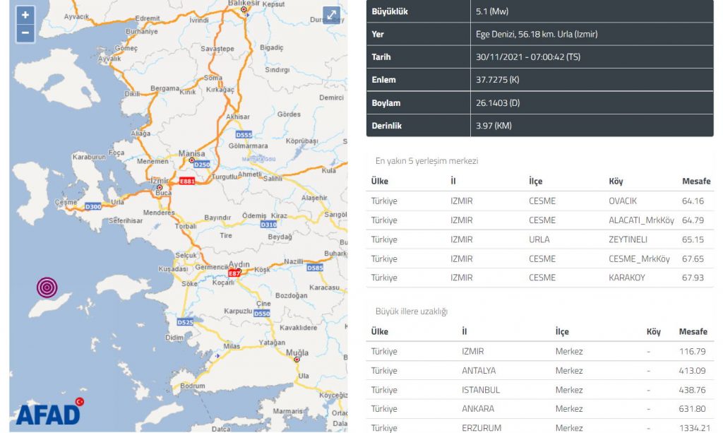 Землетрясения 5,1 и 4,3 балла потрясли Измир утром