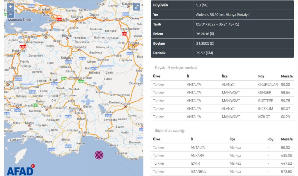 Землетрясение 5,3 балла разбудило утром Анталию