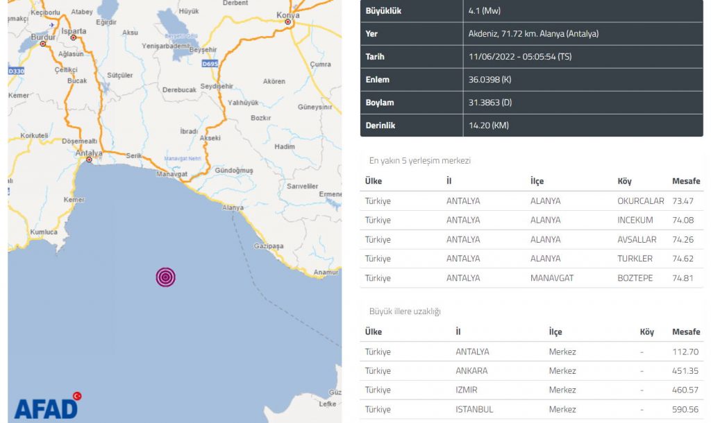 4,1 балла разбудили с утра жителей Анталии